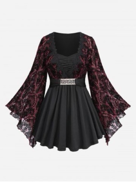 Rosegal Tops - Rosegal Black and Burgundy Lace Bell Sleeve Tunic